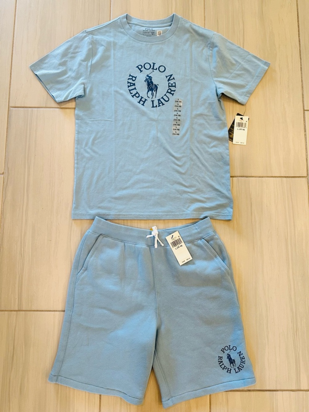 NWT Boy’s Size L (10/12) Polo Ralph Lauren Light Blue Logo Tee & Shorts Set